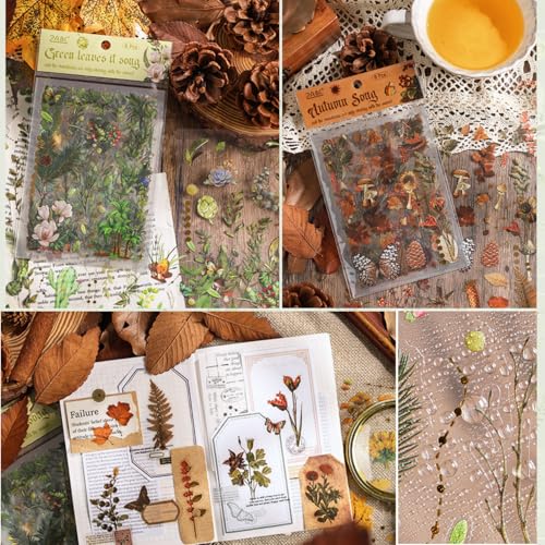 FunBlast Kawaii Sticker Set - 2 Packets, 250+ Stickers for Kids, Retro Seasons Stickers, Nature Autumn Leaves Bufferfly Mushroom Decorative Stickers, Self Adhesive, Japanese Style Sticker (Multicolor) - Image 1