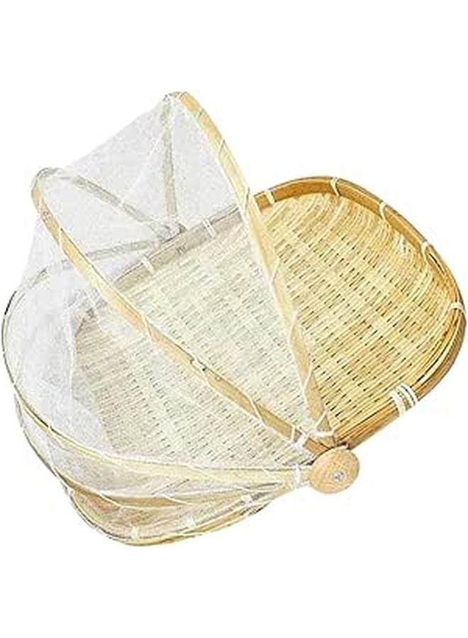 Bamboo Woven Storage Basket With Mesh Cover For Fruit Bread Camping Food - Image 1