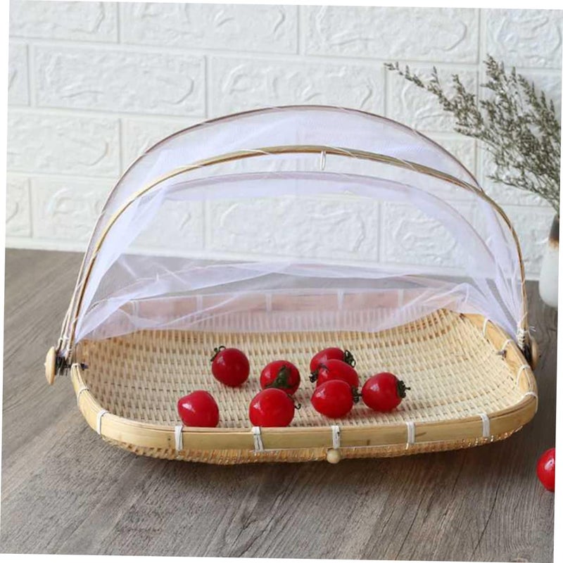 Bamboo Woven Storage Basket With Mesh Cover For Fruit Bread Camping Food - Image 3