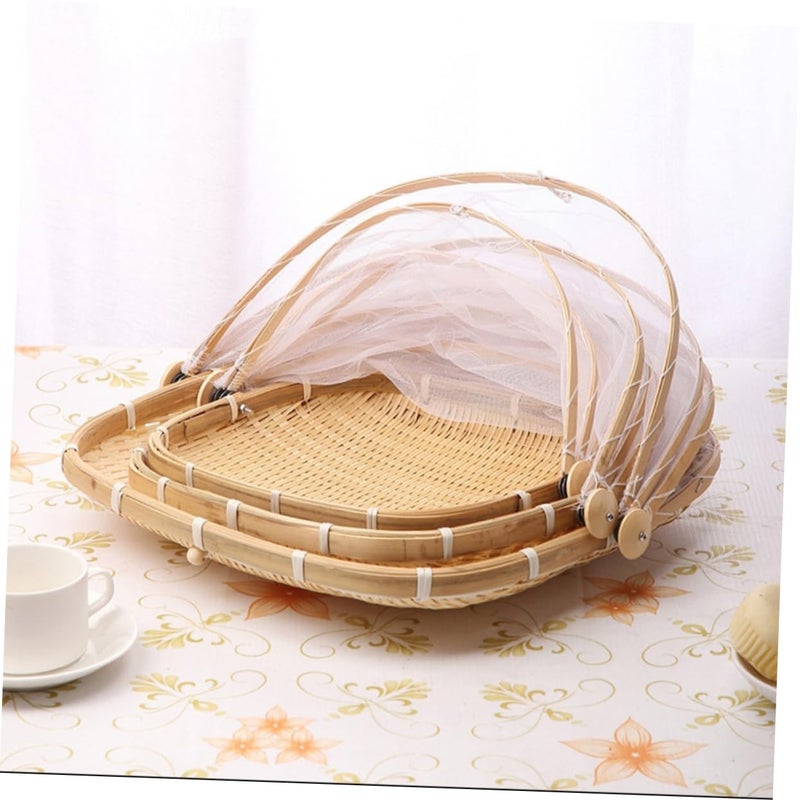 Bamboo Woven Storage Basket With Mesh Cover For Fruit Bread Camping Food - Image 4