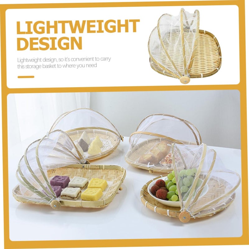Bamboo Woven Storage Basket With Mesh Cover For Fruit Bread Camping Food - Image 5