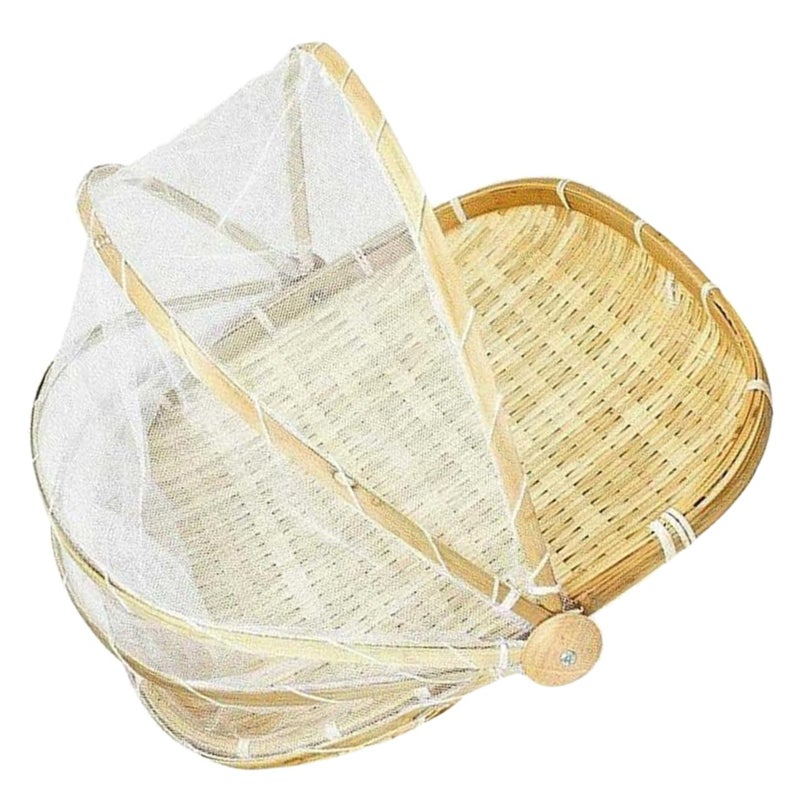 Bamboo Woven Storage Basket With Mesh Cover For Fruit Bread Camping Food - Image 2