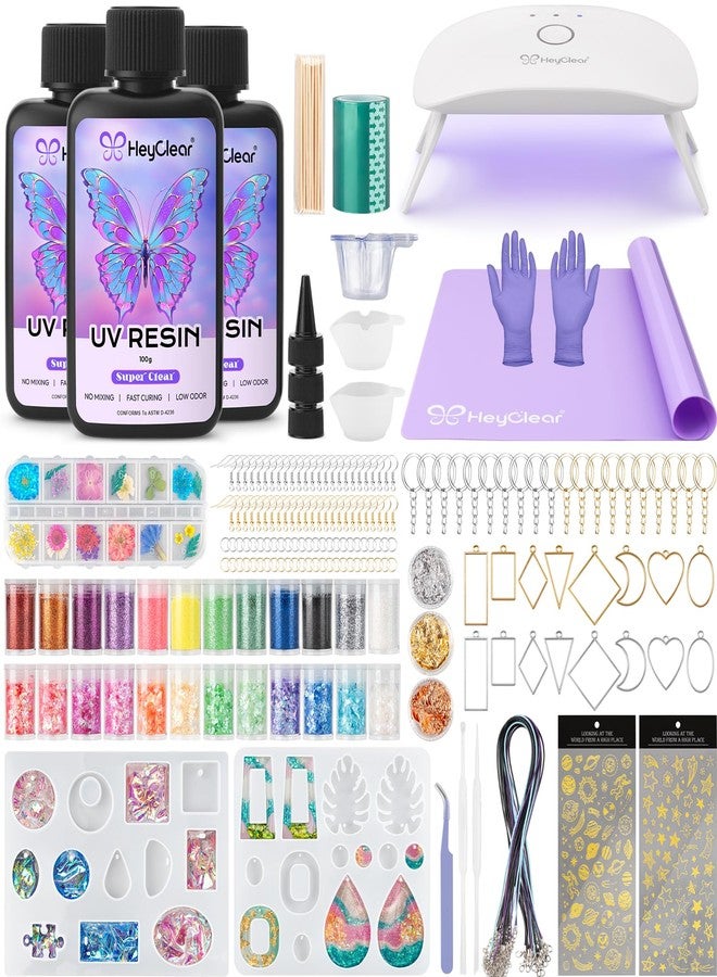 HeyClear UV Resin Molds Jewelry Making Kit with UV Lamp and Casting Tools -300g Super Clear, Hard, Low Odor, Premixed and Fast Curing for Keychains, Earrings, DIY Craft Decorations - Image 1