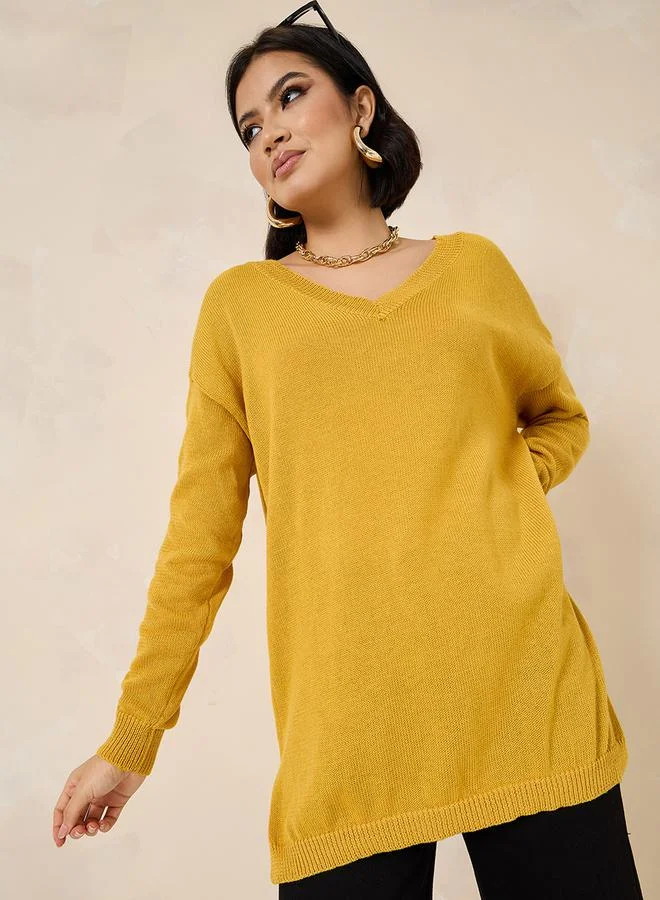 Styli Oversized Longline V Neck Sweater With Side Slits