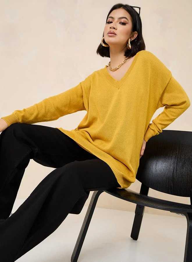 Styli Oversized Longline V Neck Sweater With Side Slits