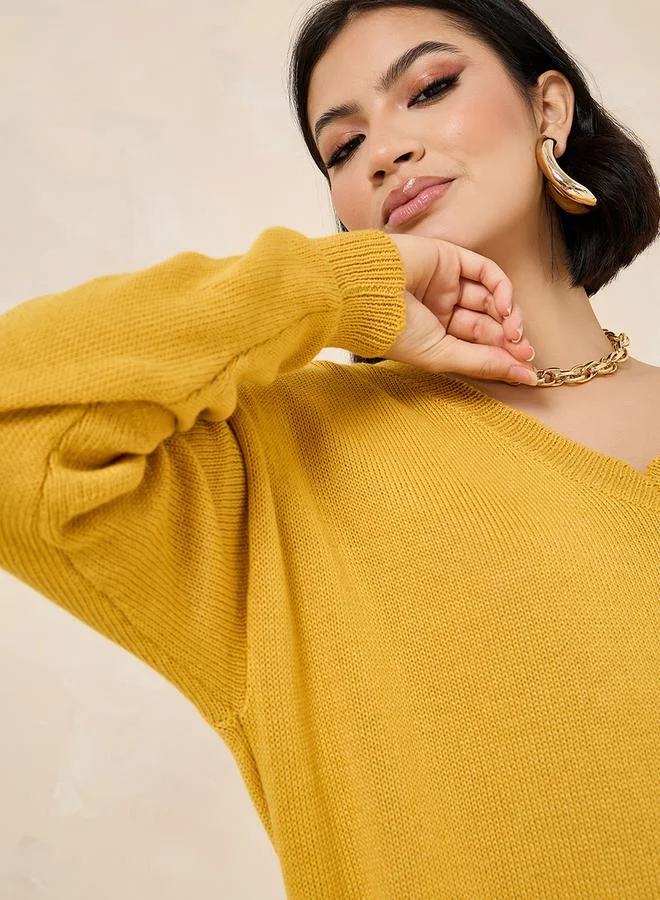 Styli Oversized Longline V Neck Sweater With Side Slits