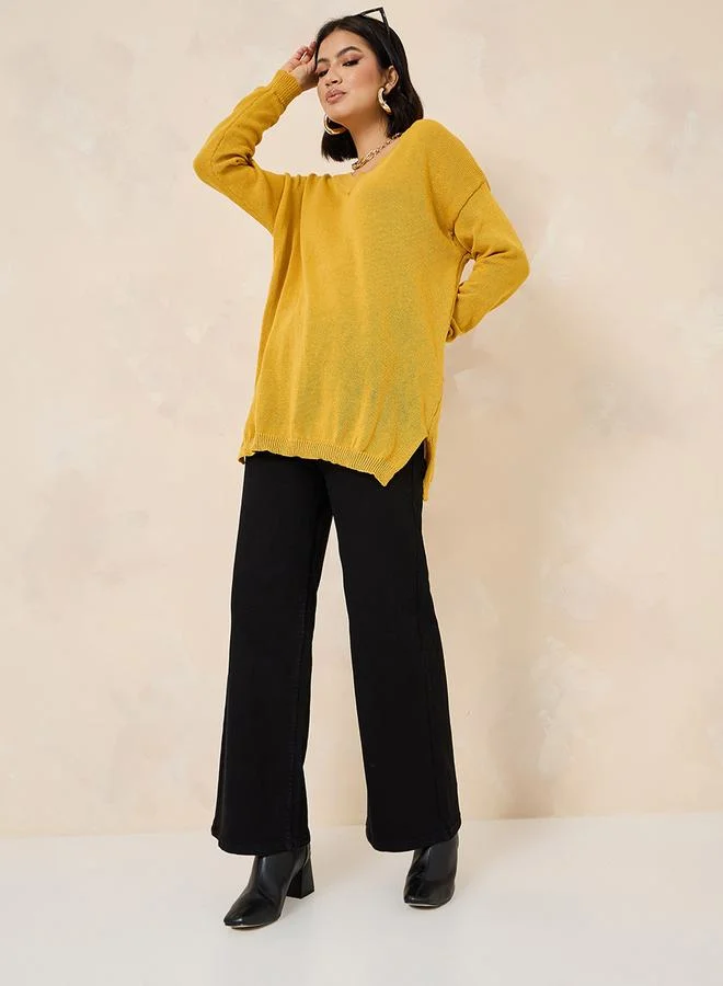 Styli Oversized Longline V Neck Sweater With Side Slits