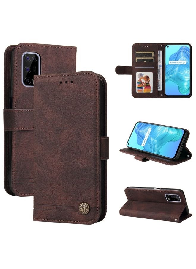 HuHa Case Cover For Realme 7 5G / V5 5G Skin Feel Life Tree Metal Button Horizontal Flip Leather Case with Holder & Card Slot & Wallet & Photo Frame & Strap Brown 
