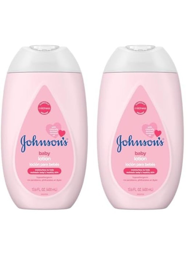 Johnson's Baby Moisturizing Mild Pink Baby Lotion with Coconut Oil for Delicate Baby Skin, Paraben-, Phthalate- & Dye-Free, Hypoallergenic & Dermatologist-Tested, Baby Skin Care, Size: 13.6 Fl Oz (Pack of 2)Fluid Ounce - Image 1