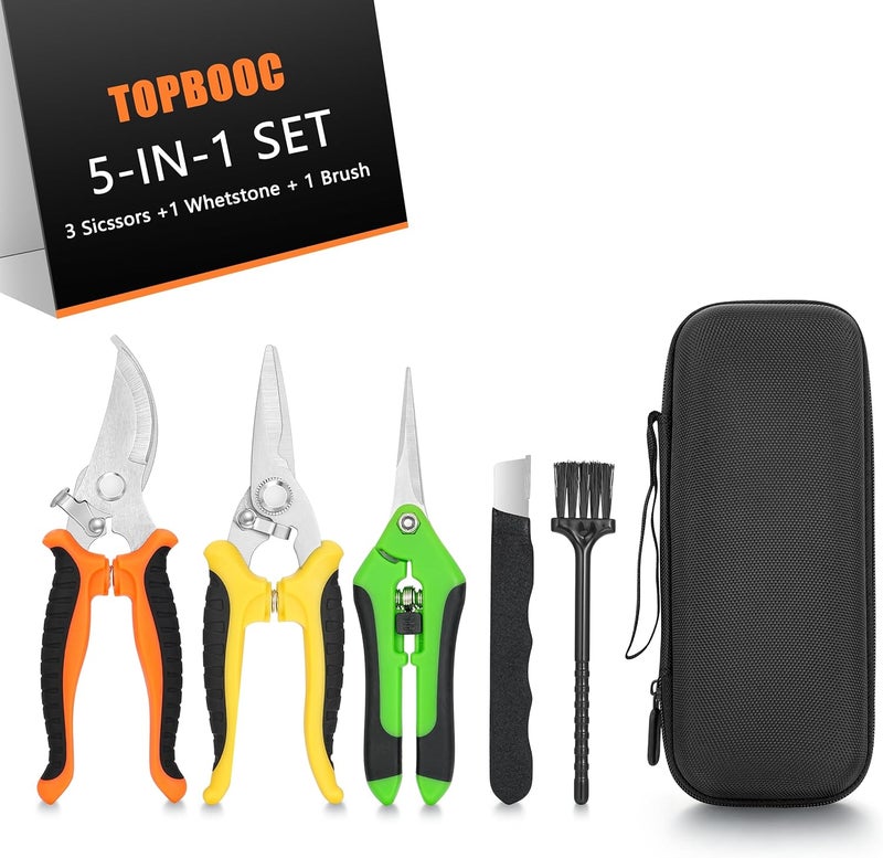 Topbooc 3-pack Garden Pruning Shears Set with Stainless Steel Blades, Bypass Pruners, Handheld Secateurs, Tree Trimmers, with Garden Scissors Whetstone,a Clean Brush and a hard Case - Image 1