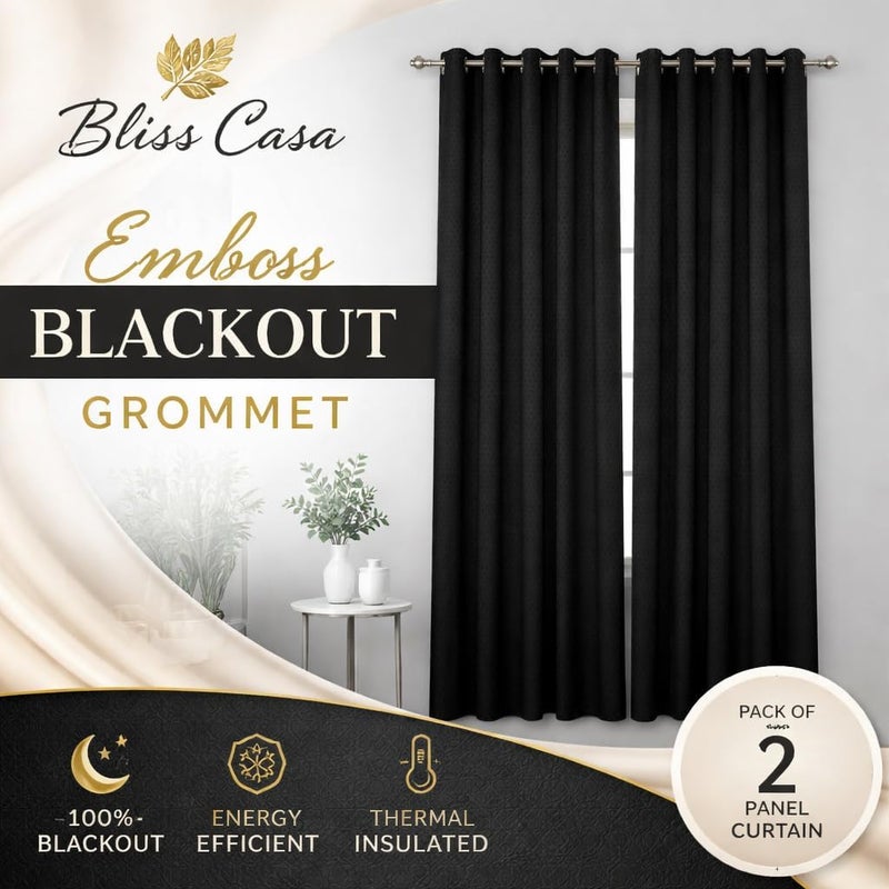 Bliss Casa Embossed Blackout Curtain Panels 140×240 cm – Thermal Insulated, Noise Reducing, Light & UV Blocking Grommet Drapes for Bedroom & Living Room, 2-Panels, (Black) - Image 5
