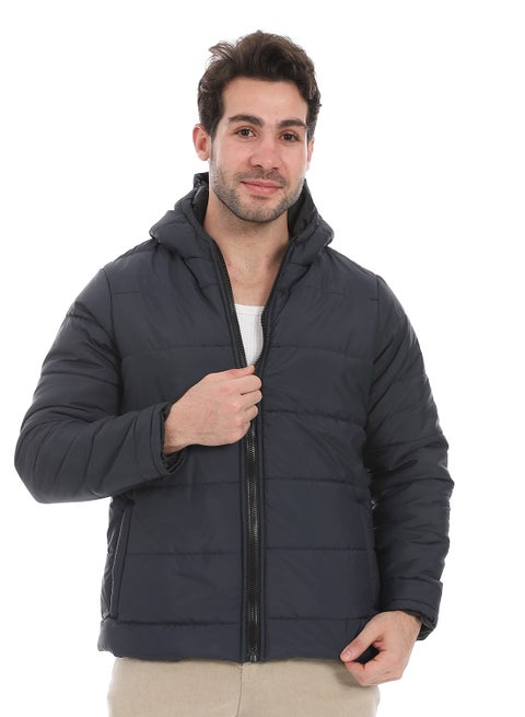 Plain Zipped Hooded Jacket _ Navy
