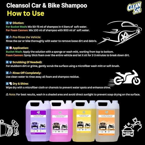 Cleansol Car & Bike Wash Shampoo Concentrate | High-Foaming, pH-Balanced, Paint-Safe Formula | Thick Suds with Shine Boost | Works with Foam Cannon & Bucket Wash | Lavender Fragrance - 5 Ltr - Image 5