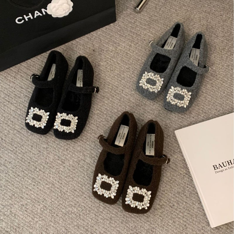 Square Toe Rhinestone Single-Layer Shoes French Chunky Heel Single-Layer Shoes Spring Flat Elegant Black Single-Layer Shoes Commuter Shoes - Image 2