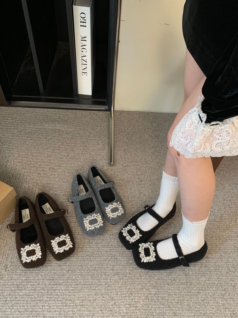 Square Toe Rhinestone Single-Layer Shoes French Chunky Heel Single-Layer Shoes Spring Flat Elegant Black Single-Layer Shoes Commuter Shoes - Image 3