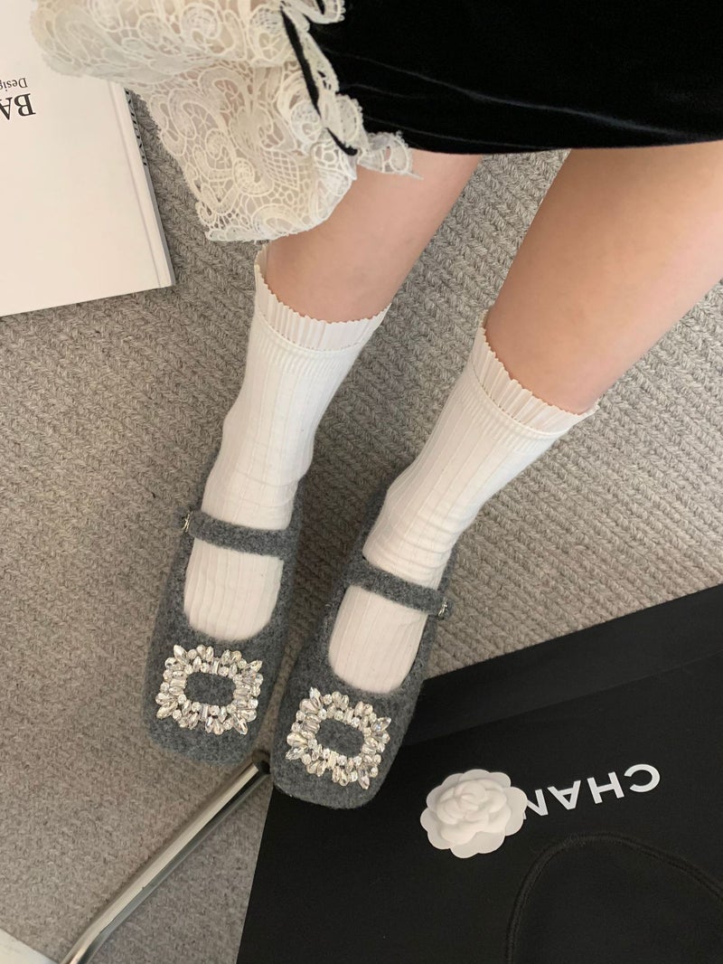 Square Toe Rhinestone Single-Layer Shoes French Chunky Heel Single-Layer Shoes Spring Flat Elegant Black Single-Layer Shoes Commuter Shoes - Image 5