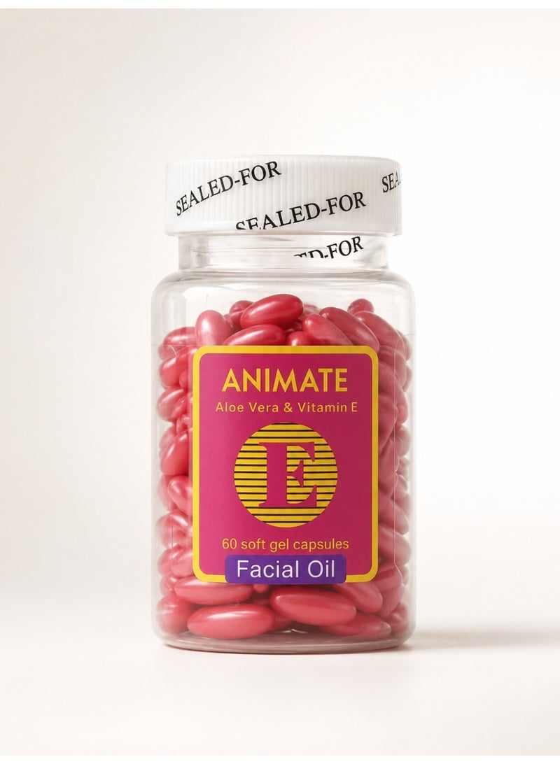 ANIMATE Vitamin E Facial Oil Capsules 60 Softgel Aloe Vera Skin Nourishing Hydrating Glow Face Serum Capsules Skincare Use - Image 1