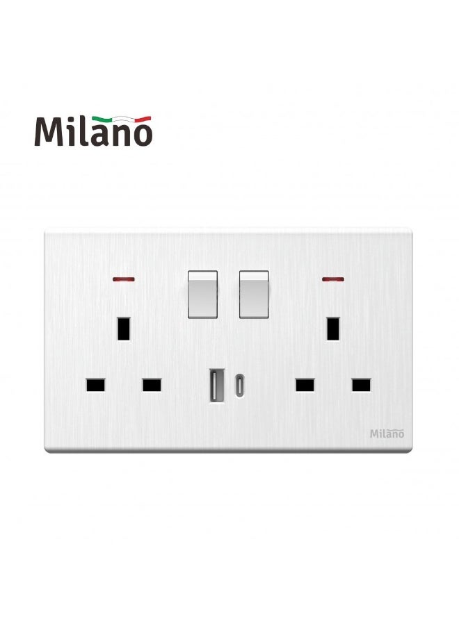 DANUBE HOME Milano Aura 13A Dual Socket With Neon & Usb Type A+C - Brushed White Finish Durable Fire Retardant Pc Material/Silver Point Red Copper Electrical Switch Home Electronic Accessories - 17.2X9X4Cm 