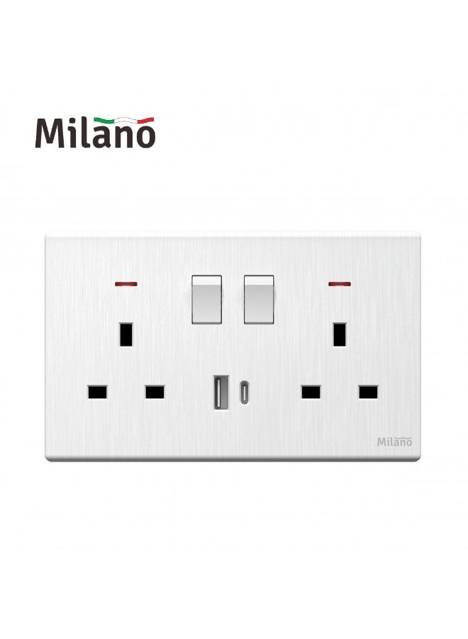 DANUBE HOME Milano Aura 13A Dual Socket With Neon & Usb Type A+C - Brushed White Finish Durable Fire Retardant Pc Material/Silver Point Red Copper Electrical Switch Home Electronic Accessories - 17.2X9X4Cm - Image 1
