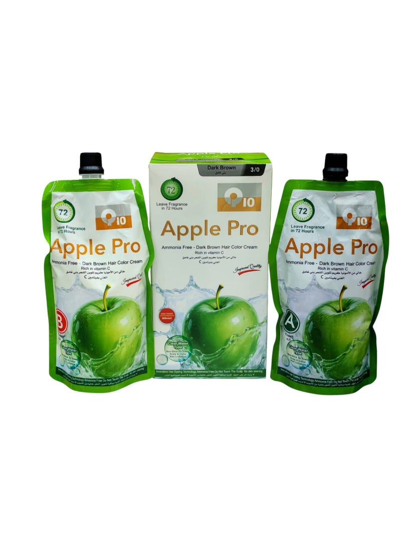 Apple Pro Dark Brown Hair Color Cream 3/0 Ammonia Free with Vitamin C – Hair Color Kit A+B – 500ml x 2 (Total 1000ml)