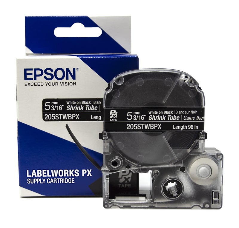 LABELWORKS Epson LABELWORKS 205STWBPX Genuine Shrink Tube AWG 8-12 White on Black Shrink Tube - 3/16" (5MM) Wide, 96" - Image 1