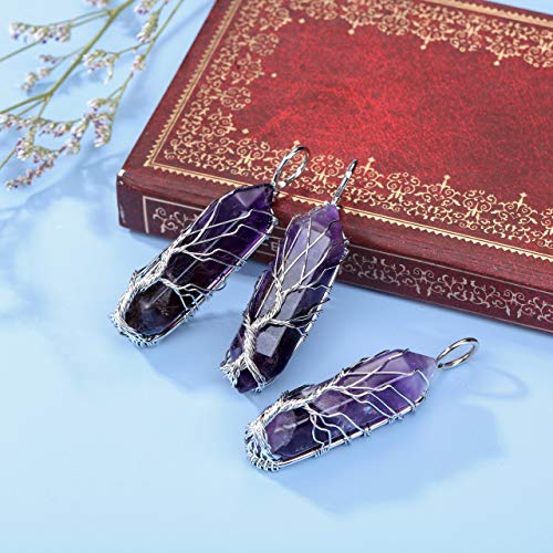PESOENTH Amethyst Life Tree Wire Wrapped Reiki Healing Crystal Necklace Purple Amethyst Crystal Stone Gemstone Hexagonal Pointed Pendant Jewelry for Women - Image 3