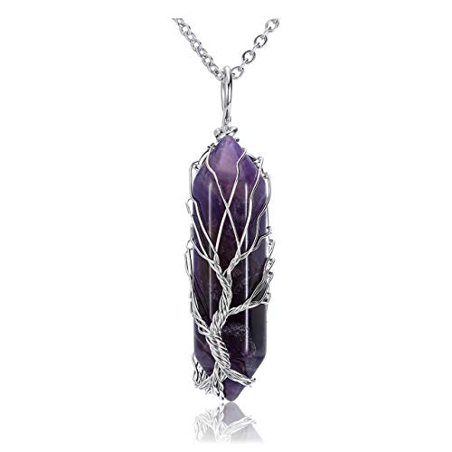 PESOENTH Amethyst Life Tree Wire Wrapped Reiki Healing Crystal Necklace Purple Amethyst Crystal Stone Gemstone Hexagonal Pointed Pendant Jewelry for Women - Image 1
