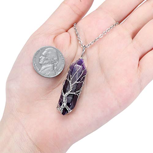 PESOENTH Amethyst Life Tree Wire Wrapped Reiki Healing Crystal Necklace Purple Amethyst Crystal Stone Gemstone Hexagonal Pointed Pendant Jewelry for Women - Image 4