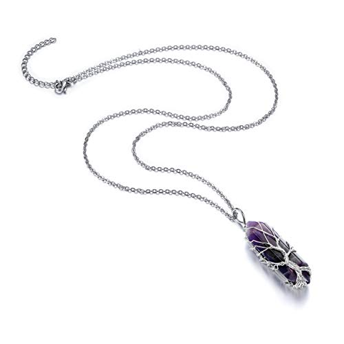 PESOENTH Amethyst Life Tree Wire Wrapped Reiki Healing Crystal Necklace Purple Amethyst Crystal Stone Gemstone Hexagonal Pointed Pendant Jewelry for Women - Image 2