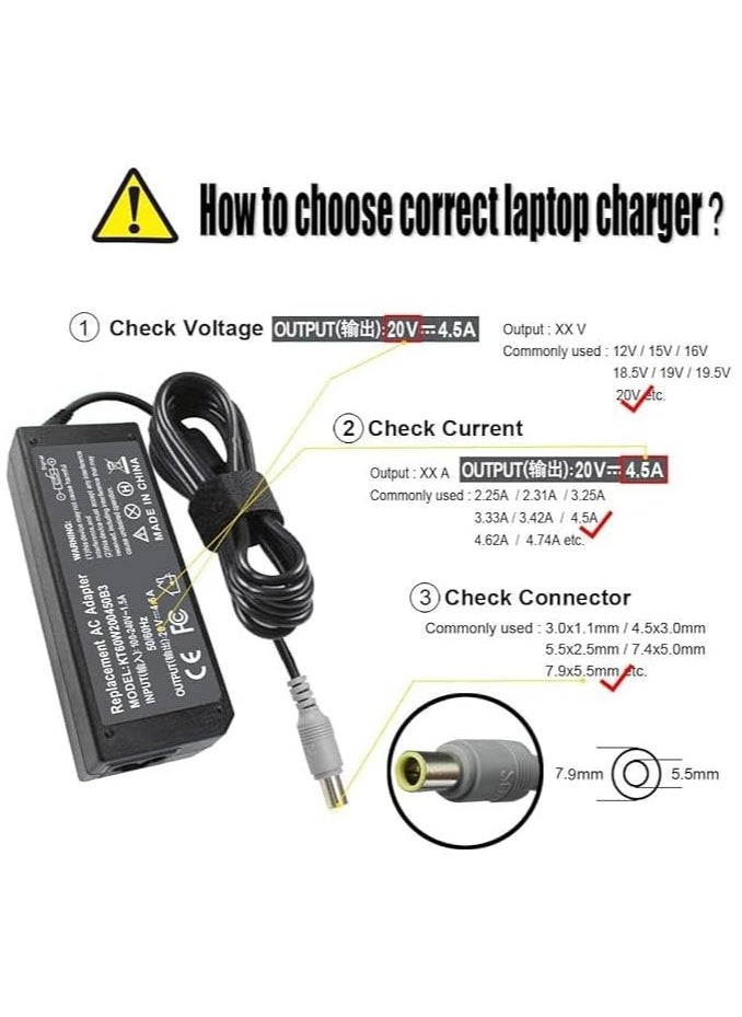 Generic - 90W 20V 4.5A AC Adapter Charger for Lenovo ThinkPad T60 T61 T400 T410 T420 T430 T500 T510 T520 T530 X60 Z60 X200 X201 X220 X230 X61 L420 L430 Edge 14 15 E420 E430 E530 Power Supply - Image 1