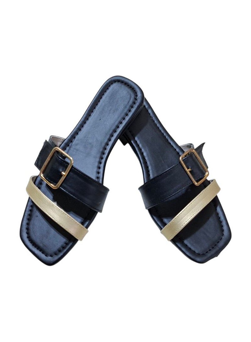 Karisma Simple Buckly Strap And A Thin Strap, Flat Squared Toe Slipper With Canvas Material - Image 1