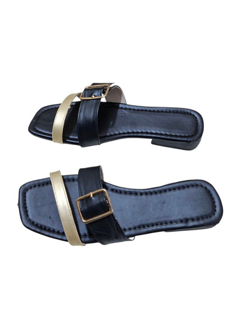Karisma Simple Buckly Strap And A Thin Strap, Flat Squared Toe Slipper With Canvas Material - Image 2