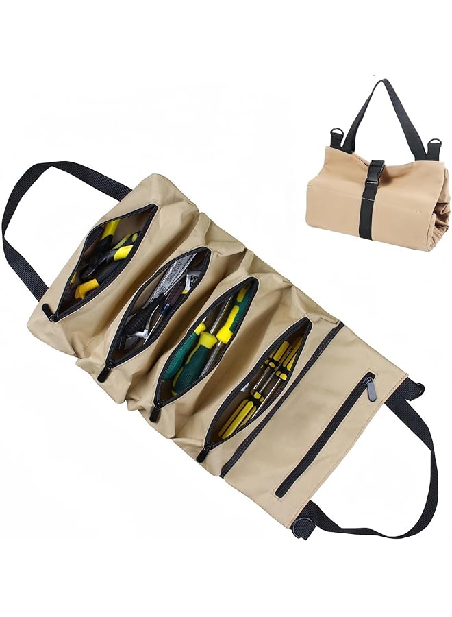 PROMASS COOLive Tool pouch for men,Canvas Wrench Tool Roll Up Pouch,Multi-Purpose tool bags Organizer,Small tool bag with 5 Zippered Pockets,Heavy Duty tool box organizer,Tool Gifts for husband gifts (khaki)  - Image 1