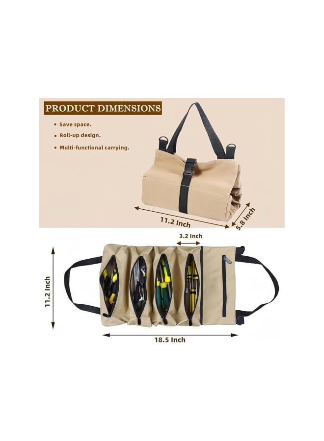 PROMASS COOLive Tool pouch for men,Canvas Wrench Tool Roll Up Pouch,Multi-Purpose tool bags Organizer,Small tool bag with 5 Zippered Pockets,Heavy Duty tool box organizer,Tool Gifts for husband gifts (khaki)  - Image 3