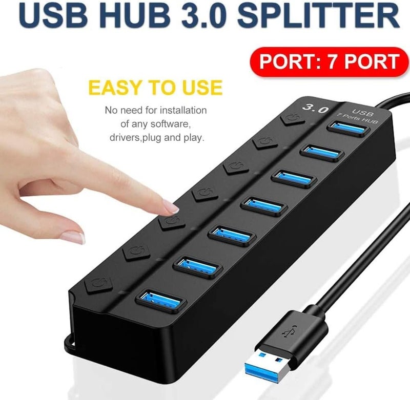 SWIUKPHE محور USB مزود بالطاقة 3.0، 7 منافذ شاحن USB ممتد مركز بيانات مقسم تمديد، مع مفاتيح وأضواء فردية للكمبيوتر المحمول، الكمبيوتر الشخصي، الكمبيوتر، أجهزة USB متوافق للغاية، سرعة نقل بيانات 5 جيجابت في الثانية - Image 5