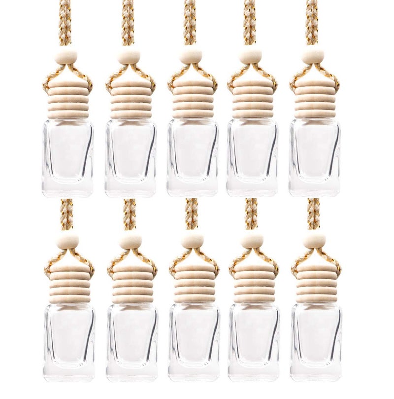 10 Pcs 8ml Hanging Car Air FreshenerEmpty Clear Glass Cylindrical Essential Oil Diffuser Perfume Aromatherapy Pendant Bottle Vials With Wooden Caps Hanging StringFREE 1 FunnelDropper