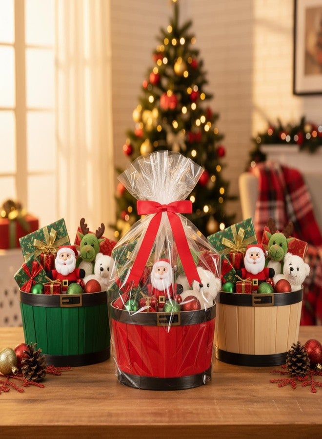 Threehoney 3 Set Christmas Empty Gift Baskets with Cellophane Wraps Empty Gift Baskets for Christmas Woven Wicker Basket to Fill for Xmas Snack Holiday Birthday Party(Non Fabric Edge,9 x 7 x 4.8 Inch - Image 1