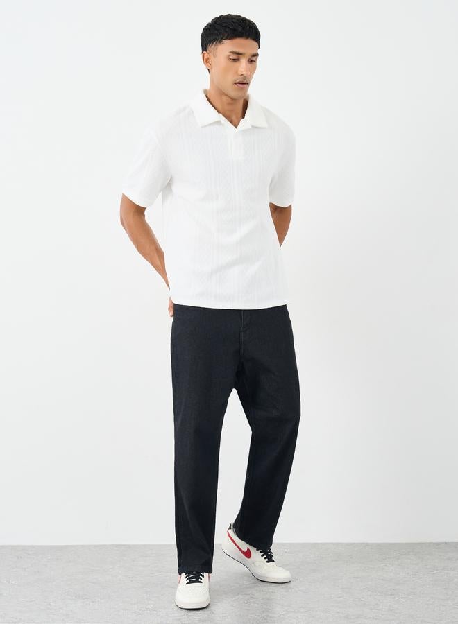 Styli Premium Cable Textured Knit Revere Collar Oversized Polo - Image 2