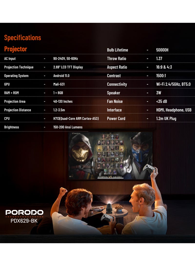 Gaming 4K Projector Android 11 with Auto Keystone and Gamepad Controller / HDMI/3.5/USB Interface / Wi-Fi / BT5.0 Connectivity / 20000+ Games / Plug & Play - Black