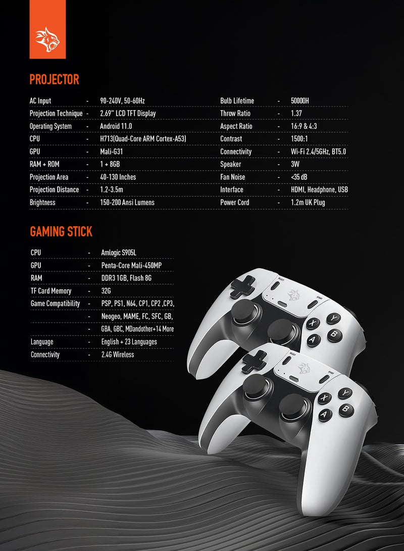 Gaming 4K Projector Android 11 with Auto Keystone and Gamepad Controller / HDMI/3.5/USB Interface / Wi-Fi / BT5.0 Connectivity / 20000+ Games / Plug & Play - Black