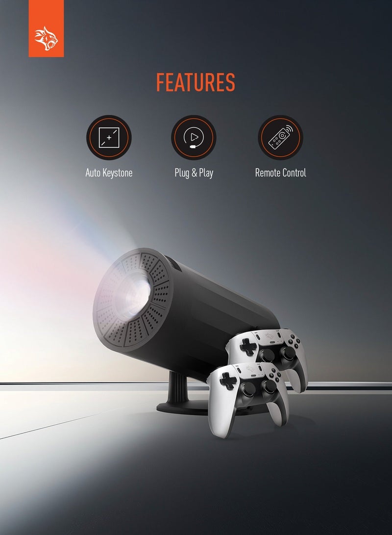 porodo 4K Projector Gaming with Android 11 ,Auto Keystone and Gamepad Controller, HDMI, AUX, USB Interface, Wi-Fi, BT5.0 Connectivity, 20000+ Games, Plug & Play - Black - Image 2