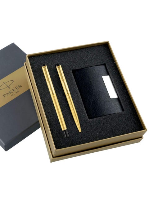 Parker Vector Gold Trim Roller Ball Pen and Ball Pen Luxury Gift Set, Blue Ink, 3 Count (Pack of 1) (9000019170)