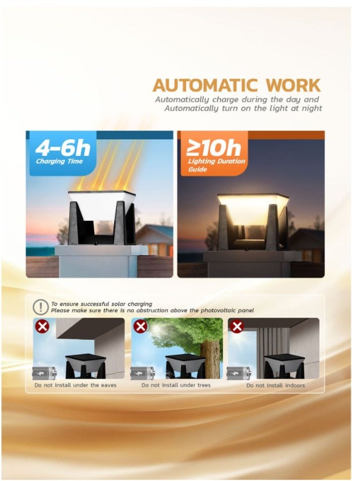 مودي مصباح شمسي للأعمدة الخارجية – 3 ألوان إضاءة، مستشعر ذكي للحركة، مقاوم للماء IP65، تشغيل تلقائي ليلاً – للحدائق والأسوار (قطعة واحدة) - Image 5