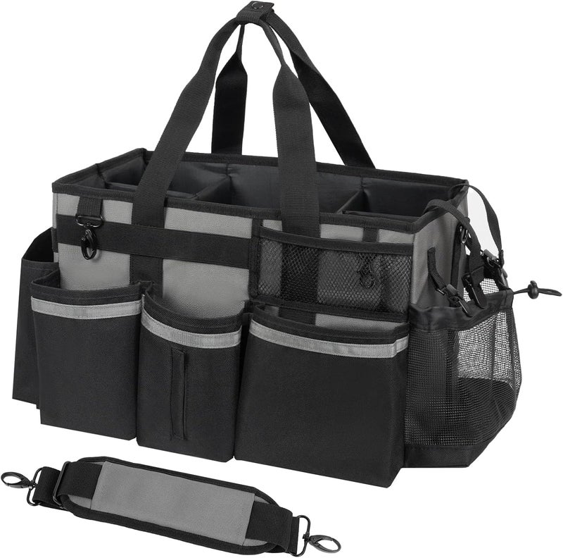 SCAVATA Wearable Cleaning Caddy, Cleaning Caddy Supplies Organizer with Handle & Shoulder Straps for Housekeepers, Under Sink & Car Cleaning Tool Organizers Bag with 4 Foldable Divider (MediumGrey) - Image 1
