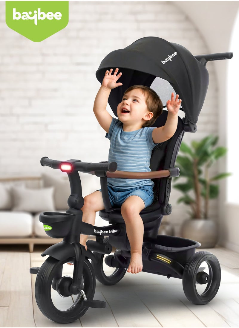 BAYBEE - Cozy 7 in 1 Convertible Baby Tricycle for Kids, Foldable Baby Kids Cycle with Parental Push Handle, Canopy, Rotatable Seat, Light, Safety Bar & Belt | Kids Tricycle Cycle for Kids 1.5 to 5 Years Black - Image 1