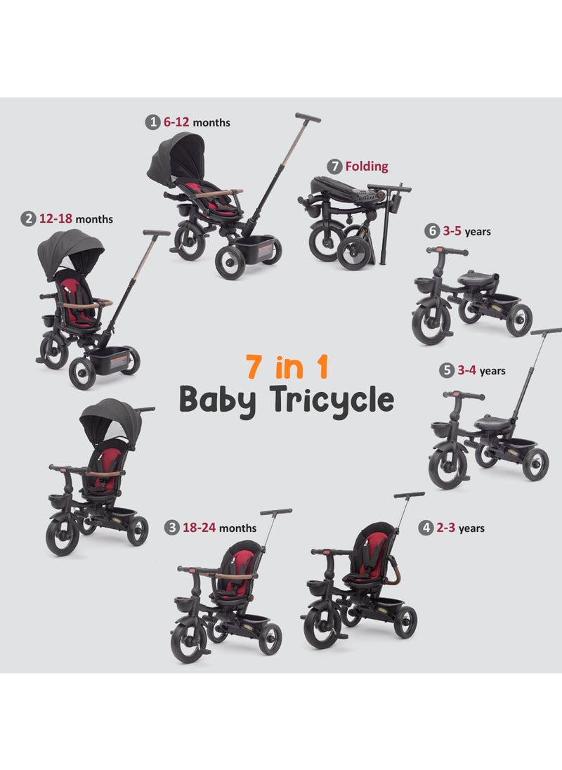 BAYBEE - Cozy 7 in 1 Convertible Baby Tricycle for Kids, Foldable Baby Kids Cycle with Parental Push Handle, Canopy, Rotatable Seat, Light, Safety Bar & Belt | Kids Tricycle Cycle for Kids 1.5 to 5 Years Black - Image 1
