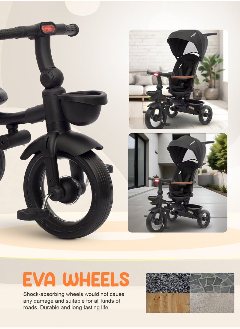 BAYBEE - Cozy 7 in 1 Convertible Baby Tricycle for Kids, Foldable Baby Kids Cycle with Parental Push Handle, Canopy, Rotatable Seat, Light, Safety Bar & Belt | Kids Tricycle Cycle for Kids 1.5 to 5 Years Black - Image 1