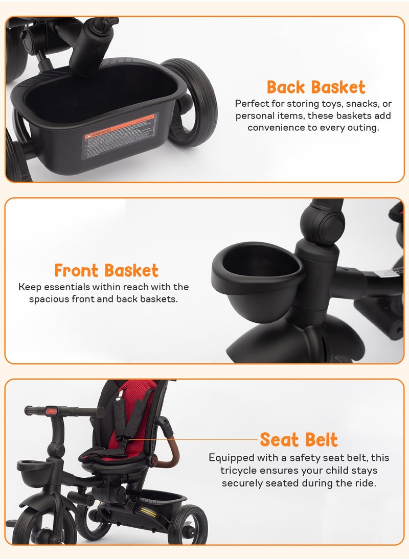 BAYBEE - Cozy 7 in 1 Convertible Baby Tricycle for Kids, Foldable Baby Kids Cycle with Parental Push Handle, Canopy, Rotatable Seat, Light, Safety Bar & Belt | Kids Tricycle Cycle for Kids 1.5 to 5 Years Black - Image 1