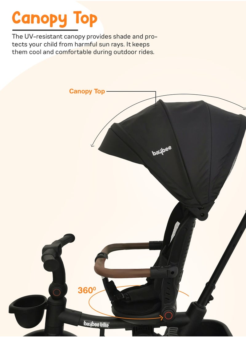 BAYBEE - Cozy 7 in 1 Convertible Baby Tricycle for Kids, Foldable Baby Kids Cycle with Parental Push Handle, Canopy, Rotatable Seat, Light, Safety Bar & Belt | Kids Tricycle Cycle for Kids 1.5 to 5 Years Black - Image 1