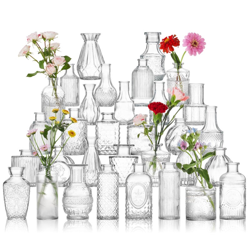 Unbreakable Glass Bud Vase Set of 32 Pcs, Vintage Clear Small Glass Vases for Flowers, Glass Bud Vases in Bulk, Mini Vase for Centerpieces, Wedding, Home Decor and Events - Image 1